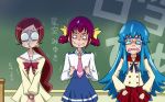  3girls :o akanerun blank_eyes blue_eyes blue_hair blue_skirt bow chalkboard character_name clenched_hands hanasaki_tsubomi happinesscharge_precure! heartcatch_precure! hoshizora_miyuki long_hair multiple_girls necktie nervous payot pink_hair ponytail precure red_skirt redhead ribbon scarf school_uniform shirayuki_hime short_twintails skirt smile_precure! sweat trait_connection trembling twintails v_arms wavy_mouth yellow_skirt 
