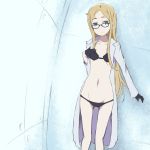  1girl black_bra black_gloves black_panties blonde_hair blue_eyes bra glasses gloves half_gloves labcoat long_hair lowleg lowleg_panties natasha_(sekai_seifuku) navel panties sekai_seifuku:_bouryaku_no_zvezda solo underwear yrsknish 