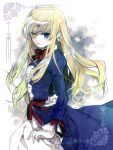  1girl blonde_hair blue_dress blue_eyes bow dress heterochromia juliet_sleeves long_hair long_sleeves mary_clarissa_christie mogupen puffy_sleeves shikkoku_no_sharnoth solo yellow_eyes 