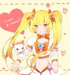  1girl birthday blonde_hair choker cure_sunshine english hair_ornament hair_ribbon happy happy_birthday heart heartcatch_precure! lacolon long_hair looking_at_viewer magical_girl midriff myoudouin_itsuki navel potpourri_(heartcatch_precure!) precure puffy_sleeves ribbon shirt skirt smile solo twintails wrist_cuffs yellow_eyes 
