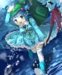  1girl backpack bag blue_eyes blue_hair boots bubble cnm crowbar fang fish hair_bobbles hair_ornament hand_on_headwear hat jellyfish kawashiro_nitori long_sleeves looking_at_viewer open_mouth shirt skirt skirt_set smile solo thigh-highs touhou twintails underwater white_legwear zettai_ryouiki 