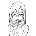  1girl blush bust chocolate eating glasses greyscale lineart monochrome open_mouth simple_background solo white_background zaxwu 