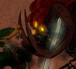  blonde_hair copyright_request earrings eye_contact fangs ganon glowing glowing_eyes hat horns irohaniwoedotirinuruwo jewelry link looking_at_another male pointy_ears sword tagme the_legend_of_zelda weapon 