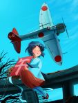 1girl a5m airplane bamboo_broom broom flying inui_(jt1116) japanese_clothes kite miko original smile sword weapon 