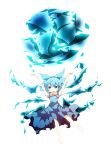  1girl absurdres arms_up blue_eyes blue_hair bow cirno hair_bow highres ice ice_wings mashiroyu short_hair solo touhou white_background wings 