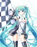 1girl checkered checkered_flag clothed_navel elbow_gloves gloves green_eyes green_hair hatsune_miku highres leotard long_hair md5_mismatch nanatsuba racequeen see-through smile solo thighhighs twintails very_long_hair vocaloid 