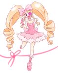  1girl bare_shoulders blonde_hair blue_eyes boots bow breasts cleavage doyasa dress drill_hair earrings eyepatch full_body hair_bow harime_nui heart jewelry kill_la_kill long_hair pink_dress scissor_blade smile solo strapless_dress twin_drills twintails wrist_cuffs 