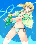  1girl bikini blonde_hair blue_eyes frederica_irving navel open_clothes open_shirt sekaiju_no_meikyuu shin_sekaiju_no_meikyuu short_hair solo swimsuit tubameraamen water_gun 