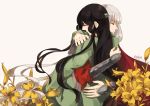  2girls aeolus armor artist_name closed_eyes flower fujiwara_no_mokou houraisan_kaguya hug lily_(flower) long_hair multiple_girls serious touhou 