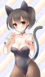  1girl animal_ears bell bell_collar breasts brown_eyes brown_hair cat_ears cat_tail choker cleavage collar jingle_bell kaga_(kantai_collection) kantai_collection kemonomimi_mode kittysuit leotard pantyhose personification pocopoco ponytail short_hair sketch solo tail translated 