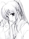  1girl bust cardigan genderswap graphite_(medium) kyon kyonko long_hair looking_at_viewer monochrome ponytail school_uniform shiso_(pixiv) sketch solo suzumiya_haruhi_no_yuuutsu traditional_media 