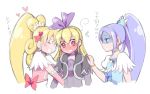  3girls aida_mana asymmetrical_clothes black_jacket blonde_hair blue_dress blue_eyes blush bracelet closed_eyes cure_diamond cure_heart curly_hair dokidoki!_precure dress earrings embarrassed girl_sandwich hair_flip hair_ornament hair_ribbon half_updo happy heart heart_hair_ornament hishikawa_rikka hug jacket jewelry lacolon long_hair magical_girl multiple_girls open_mouth pink_dress ponytail precure puffy_sleeves red_eyes regina_(dokidoki!_precure) ribbon simple_background sketch translation_request turn_pale white_background yuri 