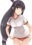  1girl ayasato_mayoi black_hair buruma green_eyes gyakuten_saiban half_updo long_hair low-tied_long_hair mokkosu. solo t-shirt thigh_gap topknot white_background 