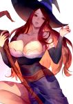  1girl breasts dragon&#039;s_crown hat kazari_tayu orange_hair red_eyes solo sorceress_(dragon&#039;s_crown) staff white_background witch_hat 