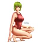  1girl barefoot breasts competition_swimsuit dated green_hair kazami_yuuka one-piece_swimsuit red_eyes red_swimsuit short_hair solo squatting swimsuit taikyokuturugi touhou 