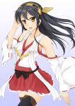  1girl bare_shoulders black_hair detached_sleeves hair_ornament hairband hairclip haruna_(kantai_collection) japanese_clothes kantai_collection long_hair looking_at_viewer nontraditional_miko open_mouth personification ribbon-trimmed_sleeves ribbon_trim sei_(6862879) skirt solo thighhighs 
