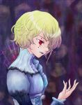  1girl blonde_hair expressionless hikari_no_valusia hilde_lome_d&#039;arc juliet_sleeves lipstick long_sleeves makeup naka_(ez) puffy_sleeves purple_background red_eyes short_hair solo 