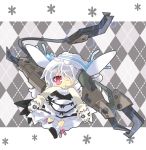  1girl animal_ears argyle argyle_background black_wings blush claw_(weapon) fake_animal_ears flower hair_over_one_eye headdress highres long_hair maid milkpanda mittens open_mouth phantasy_star phantasy_star_online_2 rabbit_ears red_eyes ribbon scarf silver_hair weapon wings 