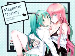  2girls artist_name bra funkid green_eyes green_hair hair_ribbon hatsune_miku highres long_hair looking_back megurine_luka multiple_girls off_shoulder panties pink_hair ribbon smile striped striped_panties twintails underwear vocaloid yuri 