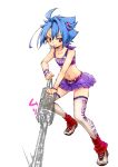  1boy belt blue_hair chainsaw clothes_writing cosplay crossdressinging english future_card_buddyfight hair_ornament juliet_starling juliet_starling_(cosplay) lollipop_chainsaw male midriff mouth_hold navel red_eyes rough ryuuenji_tasuku simple_background skirt solo thighhighs tobi_(one) white_background 