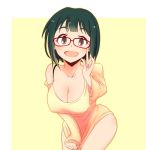  1girl bespectacled breasts brown_eyes cleavage glasses green_hair highres idolmaster large_breasts looking_at_viewer maiko_(yoshida308) mole open_mouth otonashi_kotori short_hair sleeves_past_wrists solo 