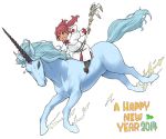  1girl 2014 boots brown_hair final_fantasy final_fantasy_xiv happy_new_year hebichan lalafell pointy_ears riding robe staff twintails unicorn white_mage 
