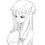  1girl breasts greyscale hat lineart long_hair monochrome patchouli_knowledge simple_background solo touhou white_background zaxwu 