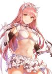  1girl bangs blush bra breasts cleavage cowboy_shot elbow_gloves fate/grand_order fate_(series) gloves groin highres kim_eb layered_skirt long_hair looking_at_viewer medb_(fate/grand_order) medium_breasts miniskirt navel panties pantyshot pantyshot_(standing) pink_hair riding_crop sidelocks skirt smile solo standing stomach tiara underwear very_long_hair white_bra white_gloves white_panties white_skirt yellow_eyes 