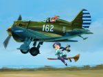  2girls airplane broom broom_riding chinese_clothes commentary flying glasses goggles inui_(jt1116) long_hair military multiple_girls original polikarpov_i-16 sidesaddle sky twintails world_war_ii 
