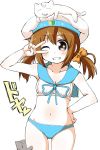  beret error_musume hat kantai_collection naitou_kouse navel swimsuit tagme translation_request twintails v 
