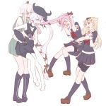  4girls bare_legs beret blonde_hair boots cannon carrying destroyer_hime fingerless_gloves gloves green_eyes hair_flaps hair_in_mouth hair_ornament hair_ribbon hairclip harusame_(kantai_collection) hat kantai_collection kneehighs long_hair mikeco multiple_girls neckerchief pale_skin pink_hair pleated_skirt purple_hair red_eyes ribbon school_uniform serafuku shoes side_ponytail skirt sleeveless sweatdrop tears tied_hair turret very_long_hair white_hair yura_(kantai_collection) yuudachi_(kantai_collection) 