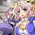  1girl bow breasts capelet cleavage delgiran finger_to_mouth glowing glowing_eye hair_bow hangar headband index_finger_raised lowres maki_(seventh_heaven_maxion) mecha mefil_zania_borlang open_mouth pink_hair short_hair super_robot_wars super_robot_wars_the_lord_of_elemental violet_eyes wavy_hair 