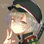  1boy androgynous brown_background bust character_name eyebrows face green_eyes hat highres hotarumaru military military_uniform nodachi ryuuki_(hydrangea) short_hair silver_hair simple_background sode solo sword thick_eyebrows touken_ranbu twitter_username uniform v weapon 