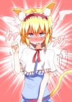  1girl alice_margatroid animal_ears blonde_hair blue_eyes blush capelet cat cat_ears embarrassed paw_pose short_hair solo steam sweatdrop takorice touhou 