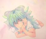  1girl blue_eyes blue_hair bow cirno graphite_(medium) hair_bow hand_in_hair hand_on_own_cheek hand_on_own_face highres ice ice_wings light_smile lying short_hair short_sleeves simple_background smile solo touhou traditional_media watercolor_(medium) wings yuyu_(00365676) 