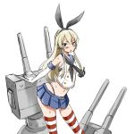  1girl blonde_hair blush elbow_gloves gloves kantai_collection long_hair looking_at_viewer navel shimakaze_(kantai_collection) simple_background skirt solo striped striped_legwear thighhighs white_background zaxwu 
