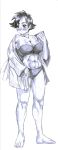  1girl abs absurdres barefoot blush bra breasts cleavage dougi highres large_breasts makoto monochrome navel no_pants panties ronald_(lukex8) short_hair solo strapless_bra street_fighter underwear undressing 
