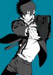  black_hair blue_eyes formal gun komo_(sleepy) kougami_shin&#039;ya male necktie psycho-pass smile spot_color suit weapon 
