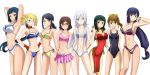  6+girls aila_jyrkiainen armpits bikini bikini_skirt black_hair blonde_hair blue_eyes blue_hair blush breasts brown_eyes brown_hair china_dress chinese_clothes cleavage glasses green_eyes green_hair gundam gundam_build_fighters hands_on_hips highres iori_rinko kenken kousaka_china long_hair mihoshi_(gundam_bf) misaki_(gundam_bf) multiple_girls navel one-piece_swimsuit ootake_akemi purple_hair samejima_yukari see-through short_hair silver_hair smile swimsuit very_long_hair violet_eyes yajima_caroline 