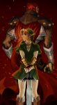  2boys back-to-back blonde_hair blue_eyes boots cape copyright_request earrings fingerless_gloves ganondorf gloves hat height_difference highres irohaniwoedotirinuruwo jewelry link looking_at_viewer male master_sword multiple_boys redhead size_difference sword tagme the_legend_of_zelda weapon 