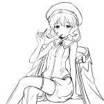  1girl crossed_legs emerada_etuva greyscale hat hataraku_maou-sama! looking_at_viewer monochrome pocky short_hair simple_background sitting solo thighhighs white_background zaxwu 