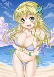  1girl :d beach bikini blonde_hair blush boku_wa_tomodachi_ga_sukunai breasts butterfly_hair_ornament cleavage clouds front-tie_top green_eyes hair_ornament kashiwazaki_sena large_breasts long_hair navel open_mouth shiny shiny_skin side-tie_bikini smile solo summer swimsuit taturouxs teeth 