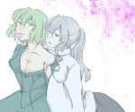  2girls breasts cleavage dress green_eyes green_hair grey_hair hand_on_another&#039;s_face hat hat_removed headwear_removed htmy39 long_hair long_sleeves mononobe_no_futo multiple_girls ponytail short_hair skirt soga_no_tojiko sweatdrop touhou undressing wide_sleeves yuri 