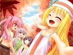  4girls blonde_hair blue_eyes brown_hair character_request closed_eyes dress green_eyes hat highres long_hair midriff multiple_girls outstretched_arms pink_eyes pink_hair short_hair silver_hair sleeveless sleeveless_dress smile twintails umarutsufuri 
