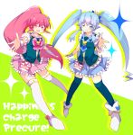  2girls aino_megumi blue_eyes blue_hair blue_legwear blue_skirt boots copyright_name crown cure_lovely cure_princess earrings english eyelashes green_background hair_ornament hair_ribbon happinesscharge_precure! happy heart highres hoshiori jewelry long_hair looking_at_viewer magical_girl multiple_girls open_mouth pink_eyes pink_hair pink_skirt ponytail precure ribbon shirayuki_hime shirt skirt smile standing thigh_boots thighhighs thighs twintails white_background white_legwear wink wrist_cuffs 