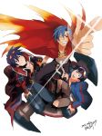  3boys blue_hair dual_persona from_above goggles goggles_on_head highres kamina lagann lens_flare mecha multiple_boys naritama_saty older pointing simon smile tengen_toppa_gurren_lagann wink younger 