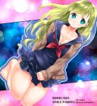  1girl barefoot blonde_hair blue_eyes blush breasts cleavage jenny_dolittle long_hair looking_at_viewer miniskirt_pirates mutou_mato school_uniform skirt skirt_tug smile solo 