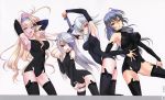  4girls :d armpits arms_up bare_shoulders black_hair black_legwear blonde_hair blue_eyes blue_hair bodysuit breasts cecilia_alcott choco clothed_navel detached_sleeves drill_hair eyepatch hairband highres infinite_stratos large_breasts laura_bodewig long_hair multiple_girls open_mouth orimura_chifuyu red_eyes sarashiki_tatenashi scan short_hair skin_tight small_breasts smile thigh_strap thighhighs very_long_hair violet_eyes 