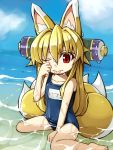  1girl ;p alternate_costume animal_ears barefoot beach blonde_hair blue_sky clouds collarbone fox_ears fox_tail izuna_(shinrabanshou) kyuubi long_hair multiple_tails name_tag partially_submerged red_eyes saru_000 school_swimsuit shinrabanshou sitting sky solo swimsuit tail tongue translated wariza wet wink 