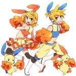  1boy 1girl :d animal_ears bare_shoulders belt black_legwear cheerleader fake_animal_ears kagamine_len kagamine_rin kneehighs looking_at_viewer minun navel open_mouth plusle pokemon pokemon_(creature) pom_poms reki_(arequa) simple_background sleeveless smile vocaloid 